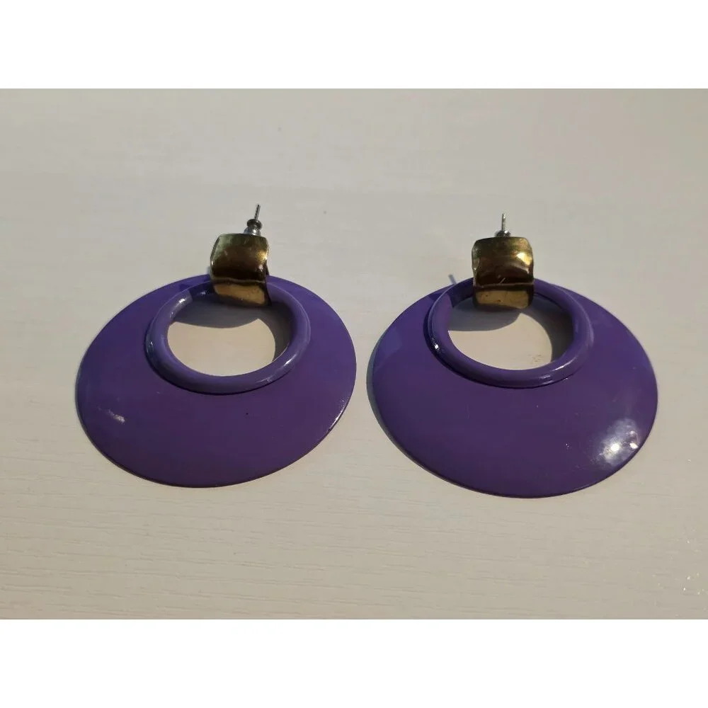 Vintage Purple Enamel Oversized Hoop‎ Statement Earrings With Gold Tone Accent